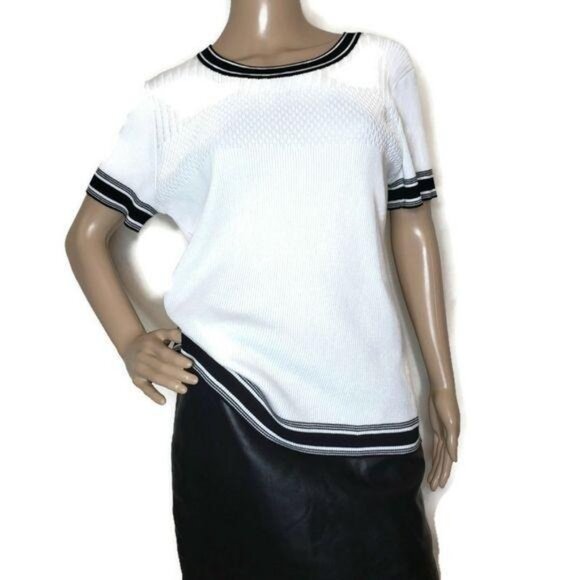 Karl Lagerfeld Paris NWT White & Black Knit Short-Sleeve Top Ribbed Trim Detail - Picture 4 of 12